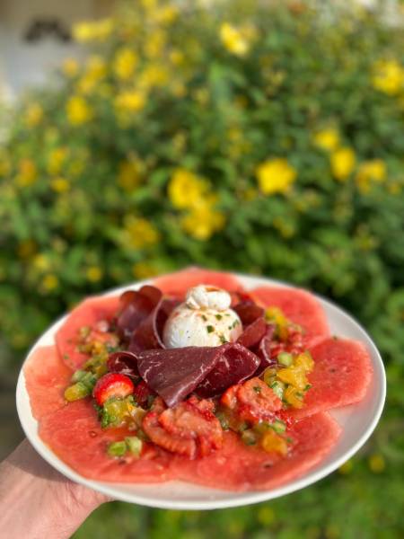 Entrée pastèque, burrata et Green zébra, brass&co, restaurant Gif sur Yvette